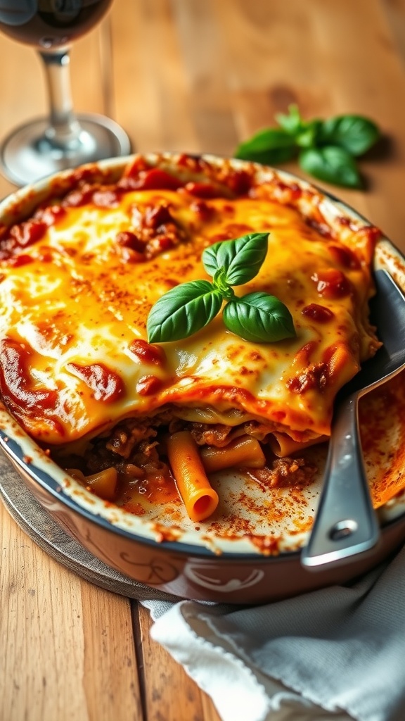 A classic Italian lasagna with bubbling cheese on top, served in a rustic dish with fresh basil, set on a cozy kitchen table.
